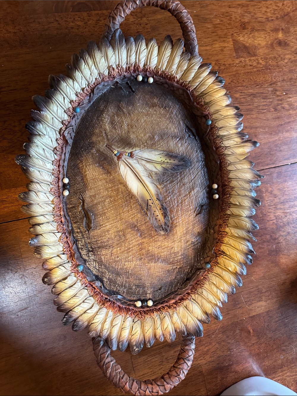 Handcrafted Feather Tray - Natural Brown with feather pattern